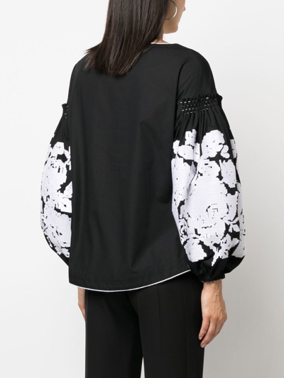 Shop Yuliya Magdych Floral-jacquard Puff-sleeve Blouse In 黑色