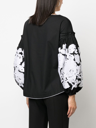 Yuliya Magdych Floral-jacquard Puff-sleeve Blouse In 黑色