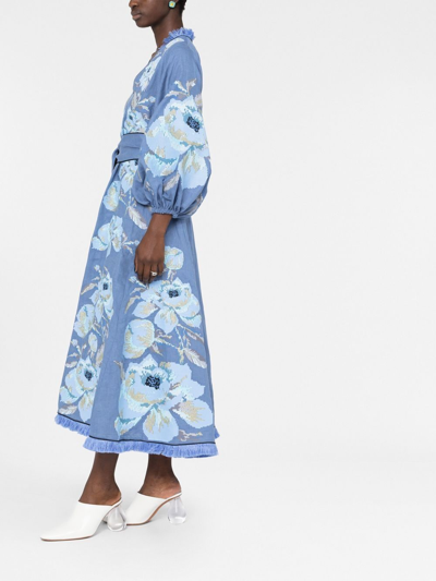 Shop Yuliya Magdych Floral-jacquard Linen Midi Dress In Blue