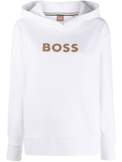 Hugo Boss Cotton-blend Hooded Sweatshirt With Logo Print In 白色