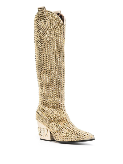Philipp Plein Strass Cowboy Calf-length Boots In Gold