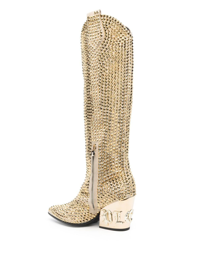 Philipp Plein Strass Cowboy Calf-length Boots In Gold