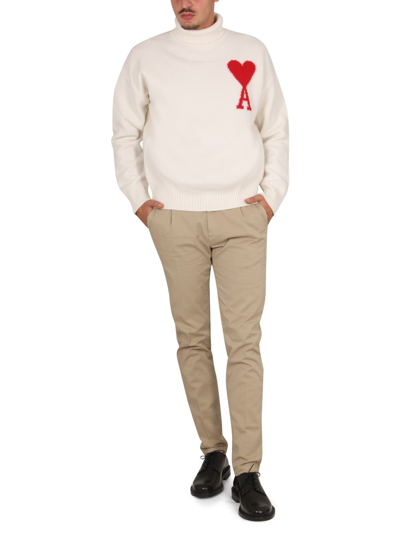 Shop Ami Alexandre Mattiussi Turtleneck Sweater With Logo In White