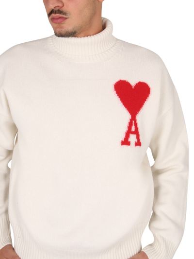 Shop Ami Alexandre Mattiussi Turtleneck Sweater With Logo In White