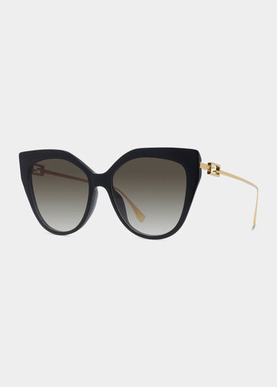 Shop Fendi Iconic Baguette Metal Cat-eye Sunglasses In Shiny Black Brown