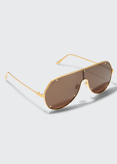Shop Cartier Men's Metal Shield Sunglasses In Gold/bronze