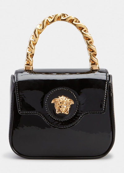 Shop Versace Medusa Patent Chain Top-handle Crossbody Bag In Black/gold