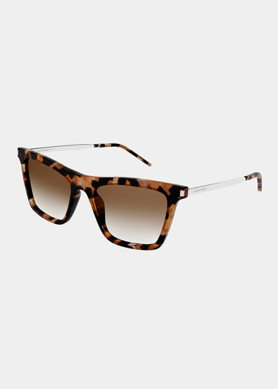 Shop Saint Laurent Rectangle Semi-transparent Acetate Sunglasses In Havana