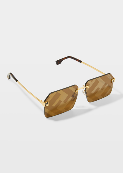 Shop Fendi Men's Ff-monogram Square Sunglasses In Gold