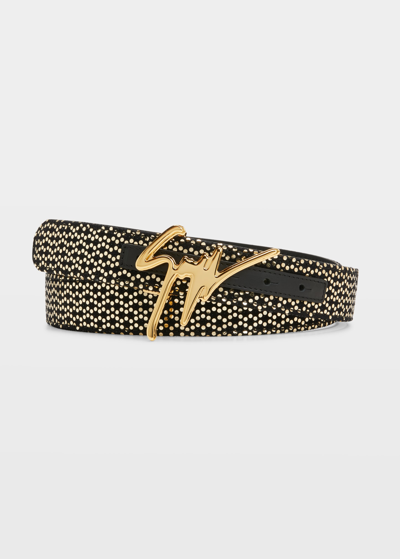 Shop Giuseppe Zanotti Men's Shadout Sequin Logo Belt In Black/gold