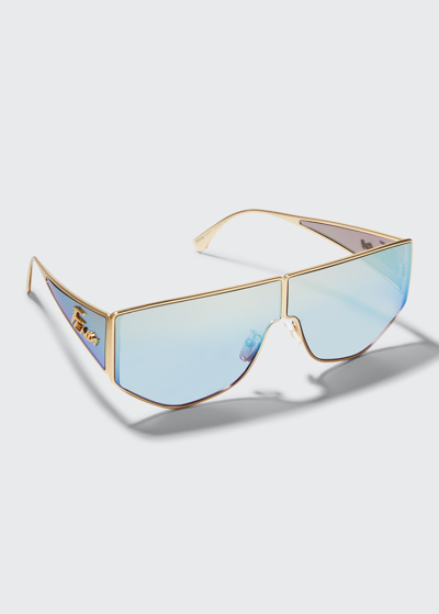 Shop Fendi Men's Metal Logo Shield Sunglasses In Gold/blue