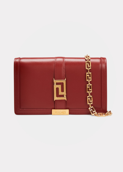 Shop Versace Greca Goddess Leather Wallet On Chain In Red/gold