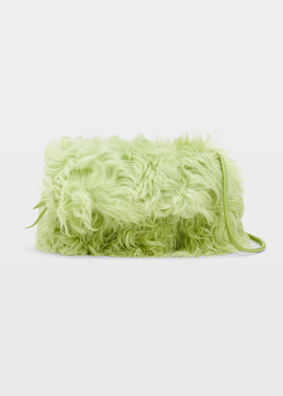 Shop Dries Van Noten Mini Faux-fur Drawstring Shoulder Bag In Light Green