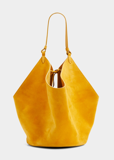 Shop Khaite Lotus Medium Suede Shoulder Bag In 608 Mustard