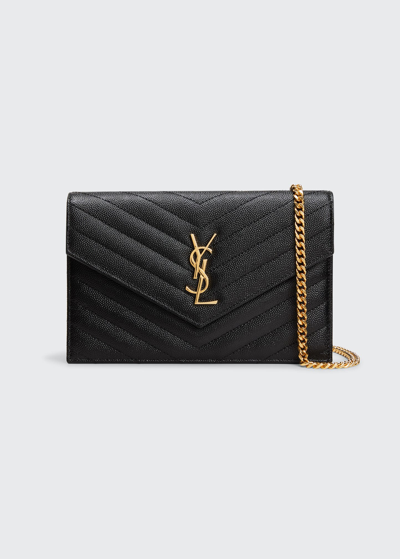Shop Saint Laurent Ysl Monogram Small Wallet On Chain In Grained Leather In Black