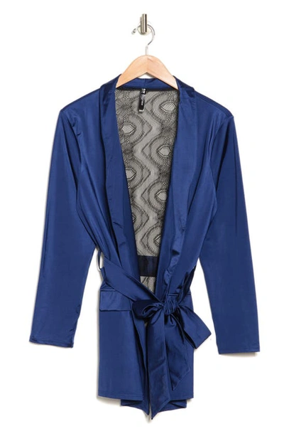 Shop Oh La La Cheri Saskia Lace Back Satin Wrap Robe In Estate Blue/ Black