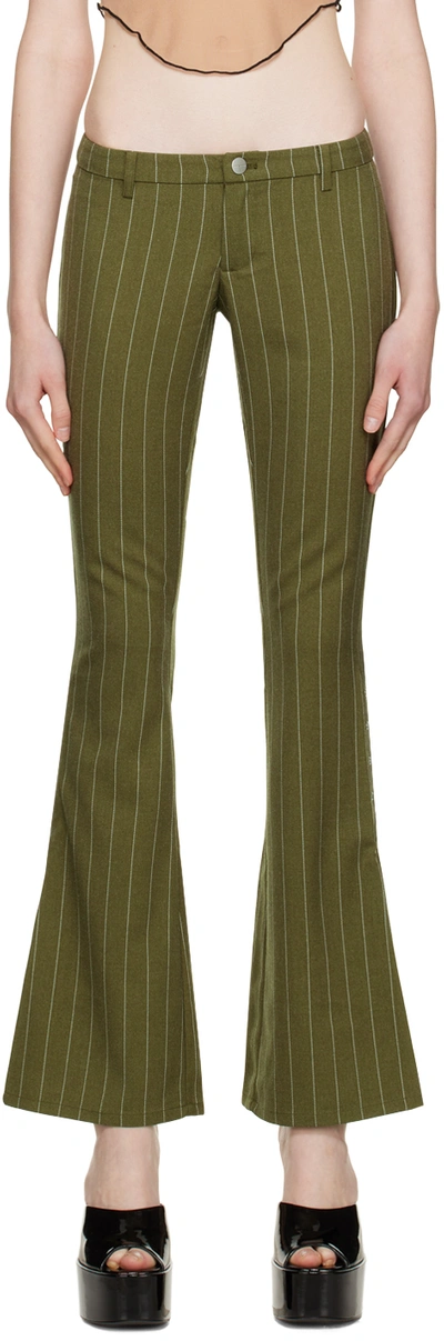 Shop Miaou Khaki Thea Trousers In Olive Pinstripe