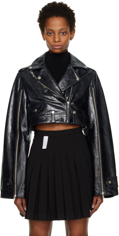 Shop Rokh Black Cropped Leather Jacket In 00black