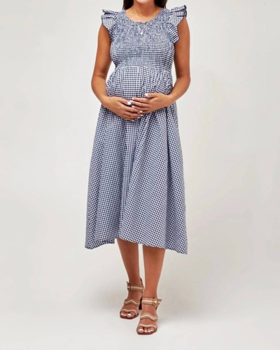 Shop Nom Maternity Harper Smocked During + After Dress In Navy Gingham In White