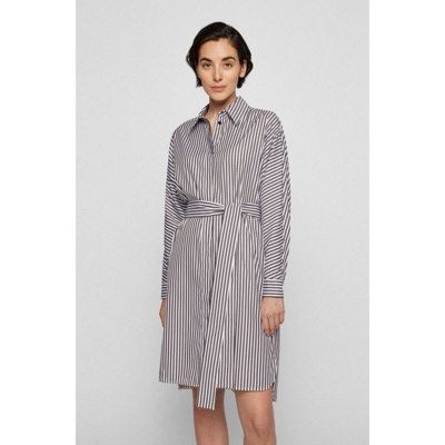 Shop Hugo Boss Long-sleeved Shirt Dress In A Striped Cotton Blend In Grey