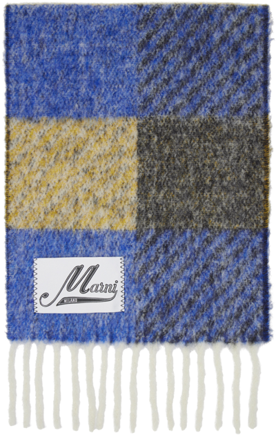 Shop Marni Blue & Yellow Check Scarf In Chb57 Mazarine Blue