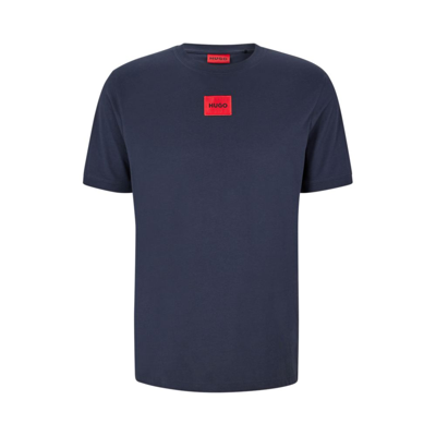 Shop Hugo Boss - Regular Fit Cotton T Shirt With Red Logo Label In Blue