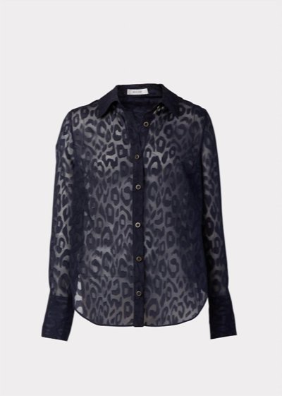Shop Milly Leopard Jacquard Button Down Blouse In Navy In Black