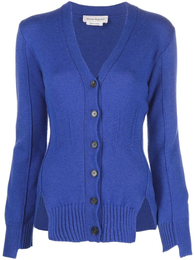 Shop Alexander Mcqueen Blue V-neck Cashmere Knitted Cardigan