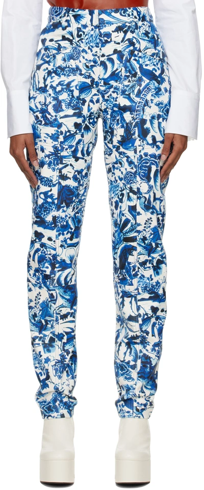 Shop Dries Van Noten White Printed Leather Pants In 504 Blue