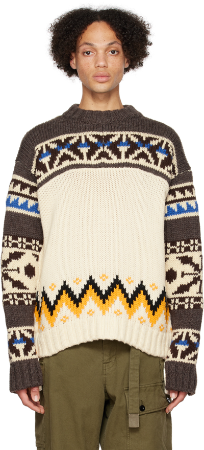 Shop Sacai Brown & Off-white Nordic Sweater In 604 Brownxoff White