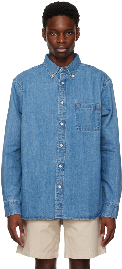 Shop Adsum Blue Button Up Shirt In Medium Wash