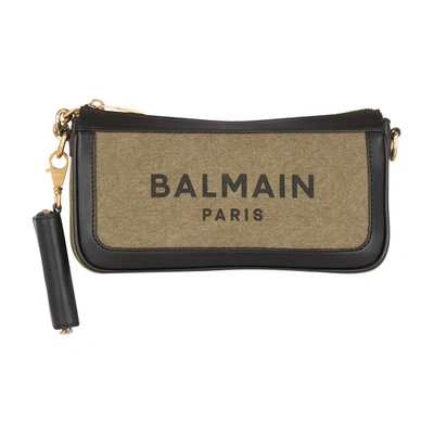 Shop Balmain B-army Canvas Clutch Bag With Leather Inserts In Kaki Noir