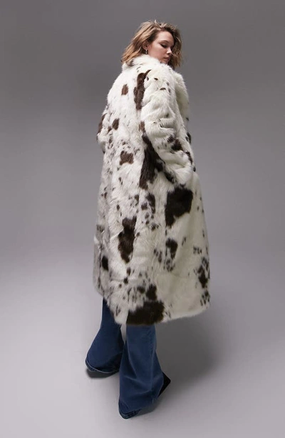 Topshop Oversized Longline Faux Fur Coat In Cow Print-multi | ModeSens