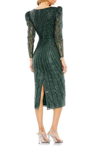 Shop Mac Duggal Beaded Lace Long Sleeve Sheath Dress In Deep Green