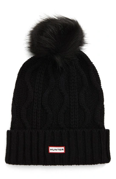 Shop Hunter Cable Stitch Beanie With Faux Fur Pom In Black