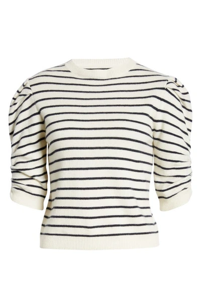 Shop Frame Stripe Ruched Sleeve Cashmere Sweater In Off White Multi