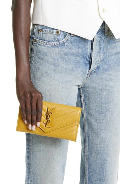 Shop Saint Laurent Monogramme Logo Leather Flap Wallet In Chartreuse