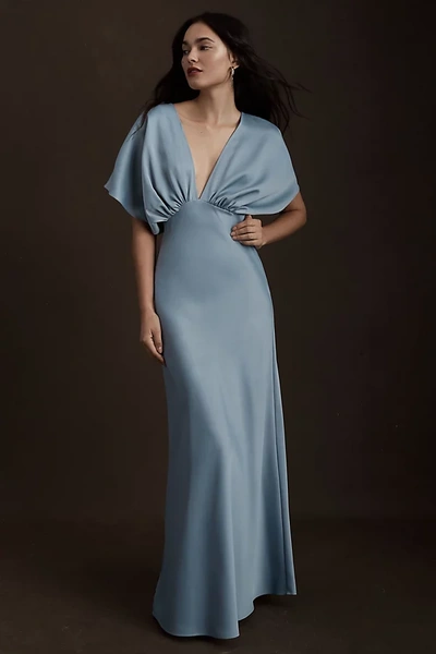 Shop Bhldn Leila Deep-v Flutter-sleeve Satin A-line Gown In Blue
