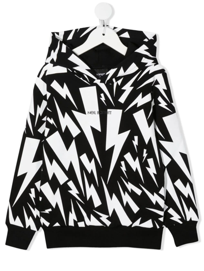 Shop Neil Barrett Kids Black And White Hoodie With All-over Thunderbolt Print In Nero/bianco