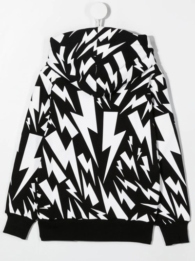 Shop Neil Barrett Kids Black And White Hoodie With All-over Thunderbolt Print In Nero/bianco