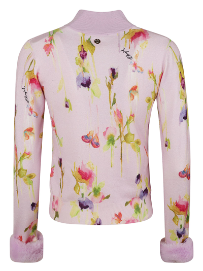 Shop Blugirl Keyhole Detail Floral Print Fur Applique Top In Pink