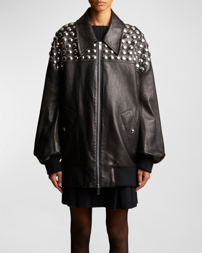 Shop Khaite Ziggy Studded Oversized Leather Bomber Jacket In Black