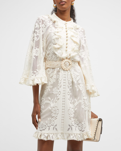 Shop Zimmermann Tiggy Belted Lace Ruffle Mini Dress In Ivory
