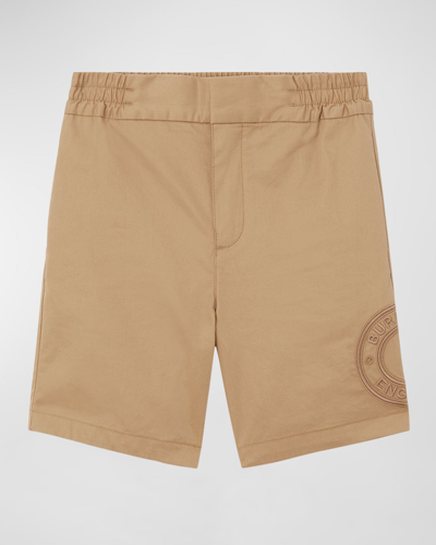 Shop Burberry Boy's Romeo Embroidered Logo Chino Shorts In Archive Beige