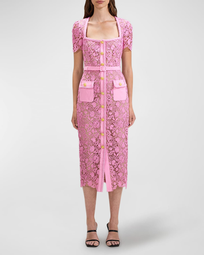 Shop Self-portrait Giupure Lace Button-front Midi Dress In Pink