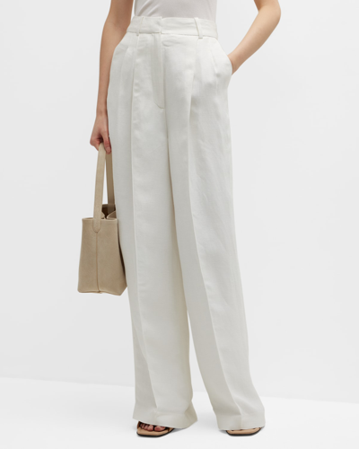 Shop Loulou Studio Pleated Wide-leg Linen Pants In Ivory