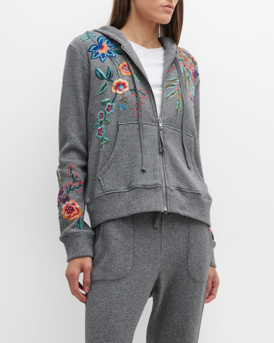 Shop Johnny Was Ardell Floral-embroidered Metallic Thermal Zip Hoodie In Charcoal Grey