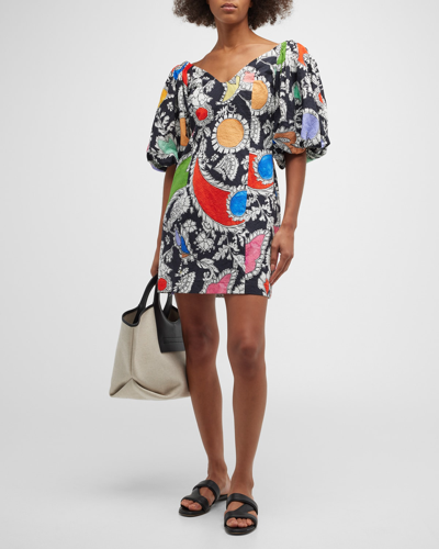 Shop Mara Hoffman Nomi Puff-sleeve Organic Cotton Mini Dress In Blk Multi