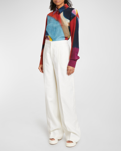 Shop Chloé Pleated Wide-leg Linen Suit Pants In Iconic Milk