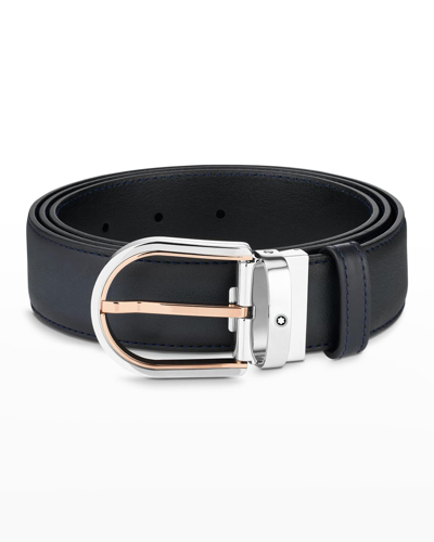 Shop Montblanc Men's Two-tone Buckle Leather Belt In Blue